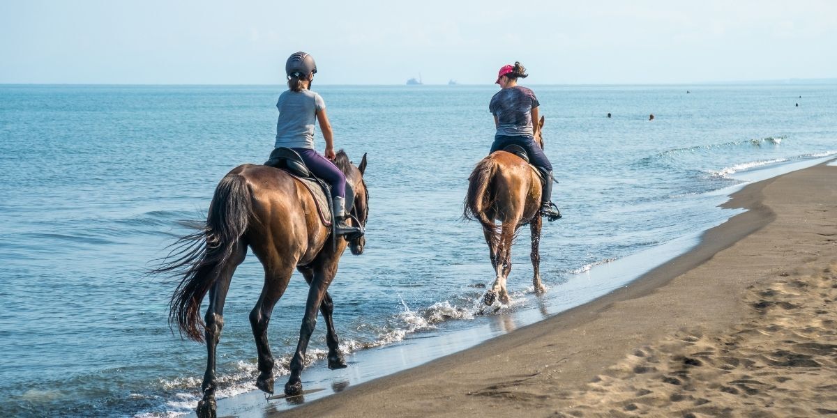 two people horseback riding down beach along shoreline